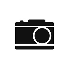 Black retro camera icon. Film and electronic device for professional photographers with zoom lens and vector shutter button