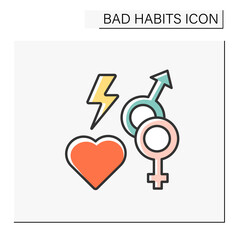 Sex addiction color icon. Irresistible need to perform sexual acts. Compulsive sexual behaviours.Isolated vector illustration