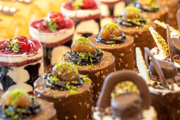 Types of cakes. Cakes on display at the patisserie counter.
