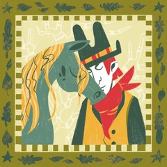 Image of a cowboy and a horse in a green frame. You can use it as a postcard, sticker or illustration for clothes, books, magazines.	