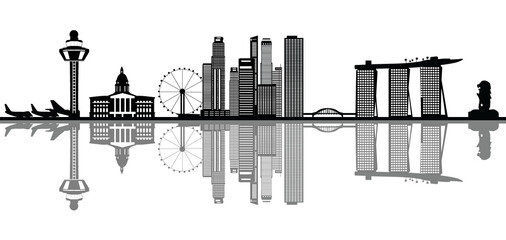 singapore skyline illustration  with merlion and airport in black and white - obrazy, fototapety, plakaty