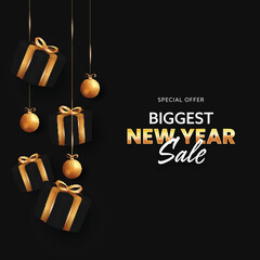 Biggest New Year Sale Poster Design With 3D Gift Boxes And Golden Baubles Hang On Black Background.