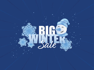 Big Winter Sale Poster Design With Cartoon Snowman Face And Snowflakes On Blue Rays Background.