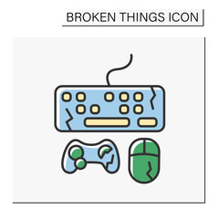 Devices color icon. Destroyed electronic devices. Smashed keyboard, joystick, and computer mouse. Vandalism, chaos. Broken things concept. Isolated vector illustration