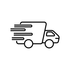 Fast delivery icon. Black truck travels at great speed for quality commercial freight and distribution of vector parcels and goods