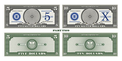 Vector set of gaming banknotes obverse and reverse with an empty circle in the center, denominations of 5 and 10 silver dollars. Part two