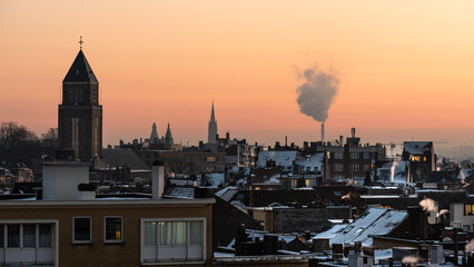Jette, Brussels Capital Region -Belgium -  The Brussels skyline during the golden hour on an early morning, rooftop shoot