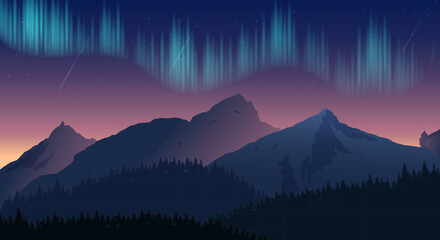 Mountains with aurora landscape gradient vector illustration - obrazy, fototapety, plakaty