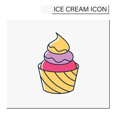 Vanilla ice cream color icon. Delicious dessert. Tasty frozen ice in waffle bowl. Summer sweets. Isolated vector illustration