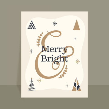 Merry Bright Text With Various Style Xmas Trees And Snowflakes On Beige Background.