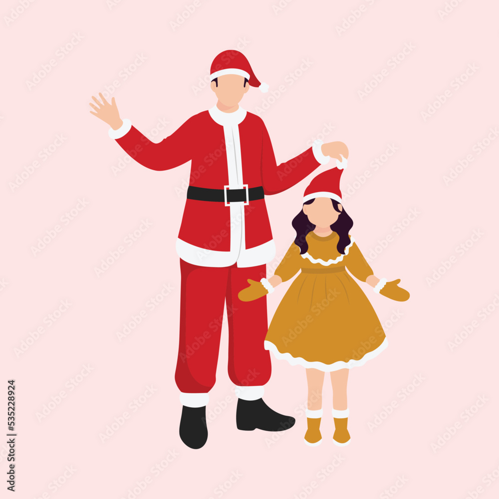 Poster Faceless Young Man Wearing Santa Costume With His Daughter Standing Together On Pink Background.