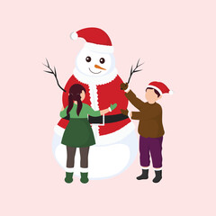 Cartoon Snowman Wearing Santa Hat With Kids Standing On Pink Background.