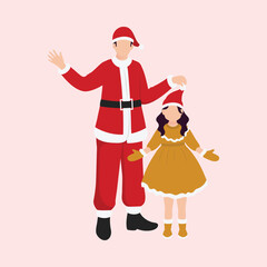Faceless Young Man Wearing Santa Costume With His Daughter Standing Together On Pink Background.