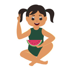 Illustration Of Young Girl Eating Watermelon In Sitting Pose.