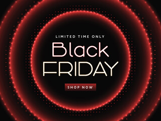 Black Friday Sale Poster Design With Lighting Round Shapes In Red And Black Color.