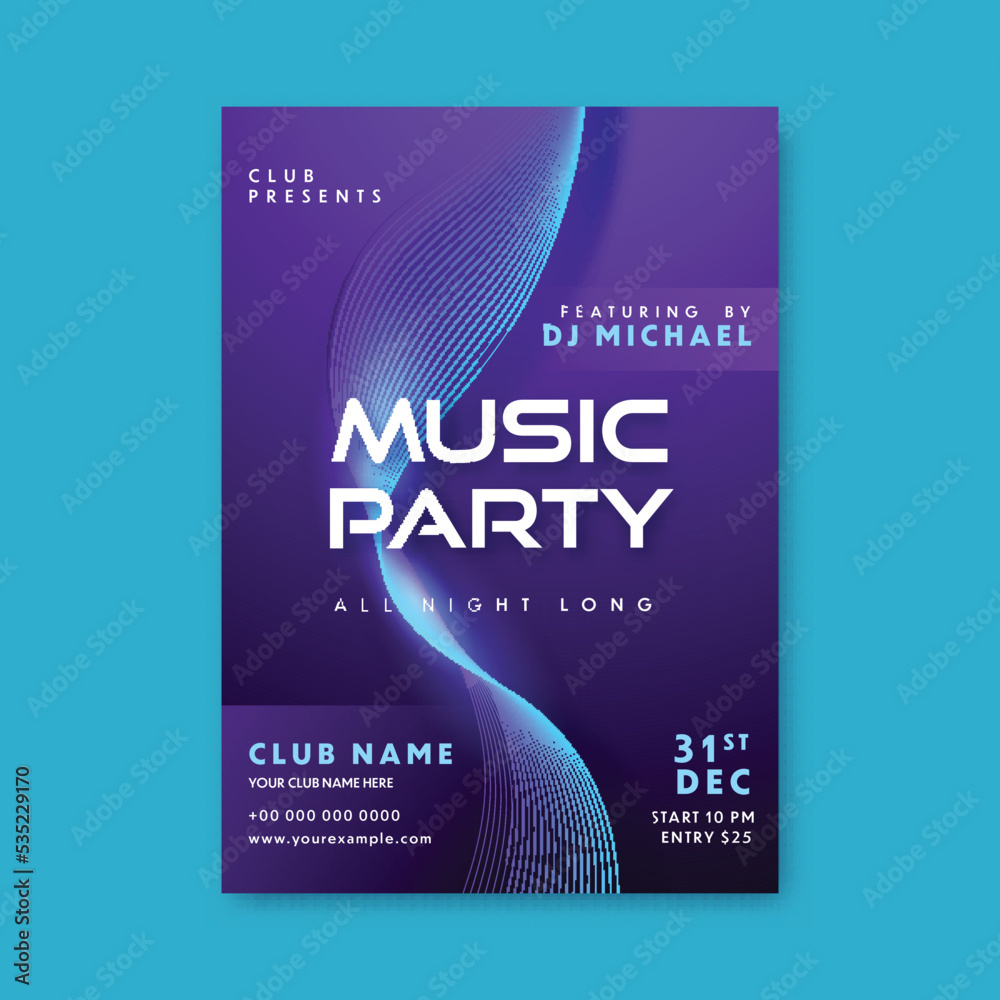 Wall mural Music Party Flyer Design With Abstract Wave And Event Details In Purple Color.