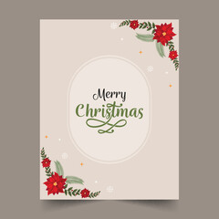 Merry Christmas Greeting Card With Poinsettia Flowers, Leaves And Snowflakes On Beige Background.