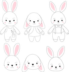 rabbits cartoon set sketch ,outline isolated