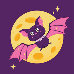 halloween witch flying on moon bat