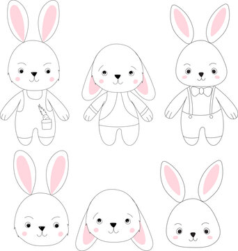 rabbits cartoon set sketch ,outline isolated