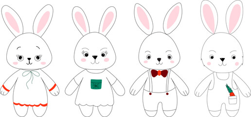 rabbits cartoon set sketch ,outline isolated vector