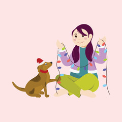 Character Of Young Girl Holding Lighting Garland And Dog Wear Santa Hat On Pink Background.