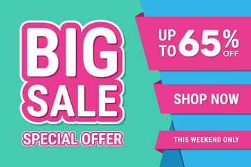 Big sale banner design for discount promotion, Up to 65% percentage off Sale. Discount offer price sign. Special offer symbol. Vector illustration of a discount tag badge
