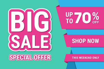 Big sale banner design for discount promotion, Up to 70% percentage off Sale. Discount offer price sign. Special offer symbol. Vector illustration of a discount tag badge