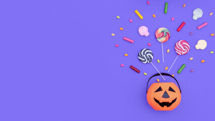 Halloween Jack o Lantern pail with bottom border of spilling candy over purple background with copy...