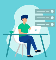 Businessman working on laptop. Flat colored vector illustration.