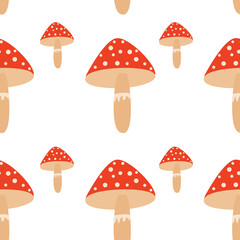 illustration of seamless pattern poisonous mushroom fly agaric on white background.  mushroom season concept, autumn.  printing on clothes, tablecloths, napkins, dishes, children's toys.