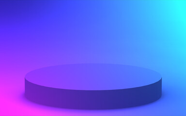 3d purple blue neon light cylinder podium minimal studio gradient dark colors background. Abstract 3d geometric shape object illustration render. Display for nightclub party and technology product.