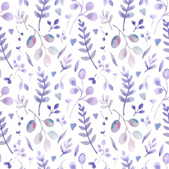 watercolor seamless pattern with lavender floral elements and flowers on white