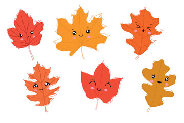 Set of autumn leaves in kawaii style. Vector illustration isolated on white background.