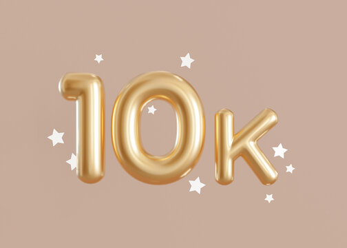 10000 followers card with stars on beige background. Banner for social network, blog. 10k followers or likes celebration. Social media achievement poster. Ten thousand subscriber. 3d render.