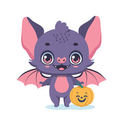 Illustration of a cute bat with a carved Halloween pumpkin