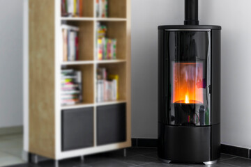 Modern domestic pellet stove, granules stove with flames and library