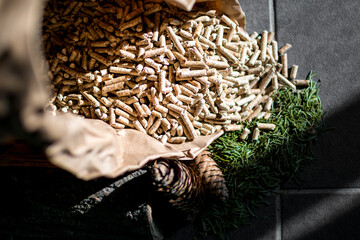 Fir pellets kraft bag with apple and pine needle - obrazy, fototapety, plakaty