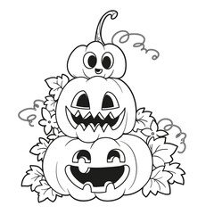 Three lantern from pumpkins with the cut out of a grin stand one on another in the shape of a pyramid with leaves and flowers outlined for coloring page isolated on white