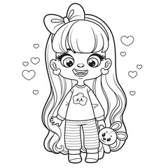 Cute cartoon long haired girl in pajamas and with a soft bunny in hand outlined for coloring page on white background