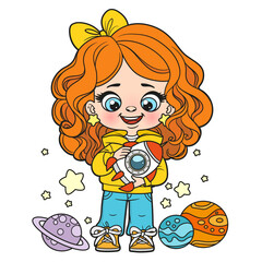 Cute cartoon girl with space rocket, planets and stars color variation for coloring page on a white background