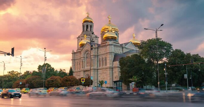 Time lapse video of The Cathedral of the Assumption and urban view of Varna city, Bulgaria
