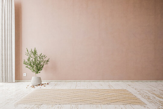 Pastellfarbener Raum mit leerer Wand / Wohnzimmer und Pflanze