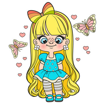 Cute cartoon long haired girl in lush dress color variation for coloring page on a white background