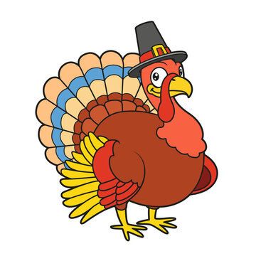 Cute cartoon turkey wearing a pilgrim hat color variation for coloring page on white background