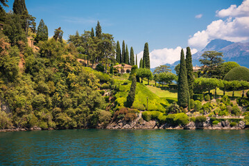Beautiful panorama of lake Como with a small coastal town, famous tourism destination