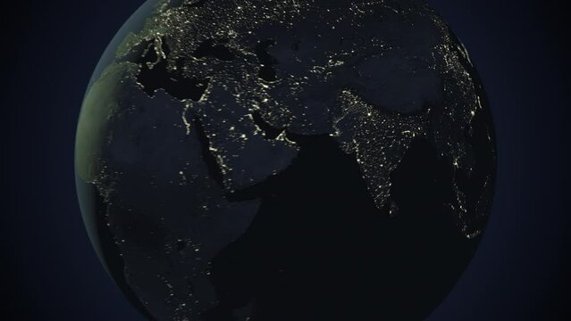 Seamless looping animation of the earth at night zooming in to the 3d map of Bhutan with the capital and the biggest cites in 4K resolution