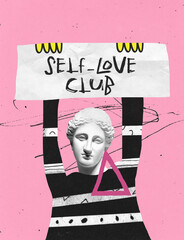 Contemporary art collage. Human silhouette with antique statue head rising sign with self-love club sentence