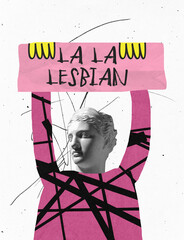 Contemporary art collage. Human silhouette with antique statue head rising sign of LGBT society