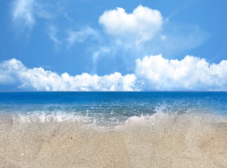  blue sky white clouds heart shape summer sea water and sand on beach seascape nature landscape remplate art 